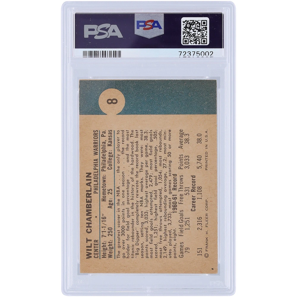Carte de recrue authentifiée n° 8 de 1961 des Philadelphia Warriors de Wilt Chamberlain, PSA