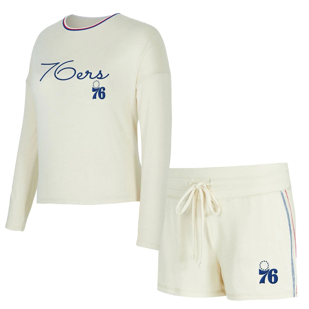 Women's Concepts Sport Cream Philadelphia 76ers Kaki Hacci Knit Long Sleeve T-Shirt & Shorts Set