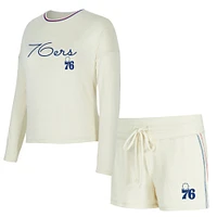 Women's Concepts Sport Cream Philadelphia 76ers Kaki Hacci Knit Long Sleeve T-Shirt & Shorts Set