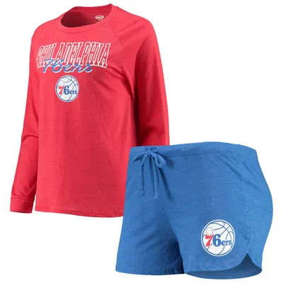 Philadelphia 76ers Concepts Sport Women's Raglan Long Sleeve T-Shirt & Shorts Sleep Set - Heathered Royal/Heathered Red