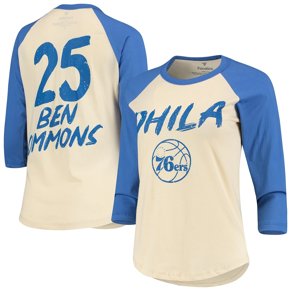 T-shirt raglan à manches 3/4 Fanatics Ben Simmons pour femmes, crème Philadelphia 76ers