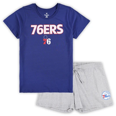 Ensemble combiné t-shirt et short grande taille Fanatics Royal/Heather Grey pour femmes des Philadelphia 76ers