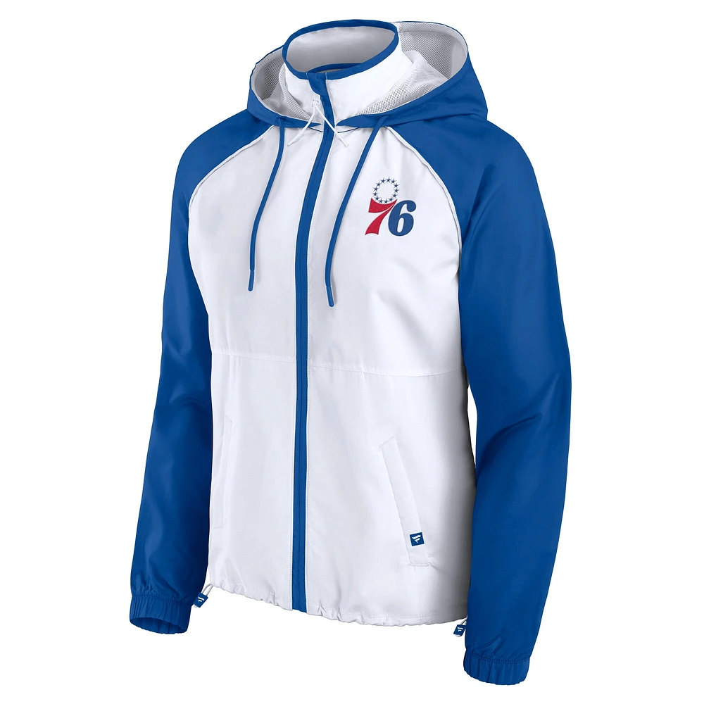 Veste à capuche entièrement zippée Fanatics Philadelphia 76ers Anorak Raglan pour femme Blanc/Bleu royal