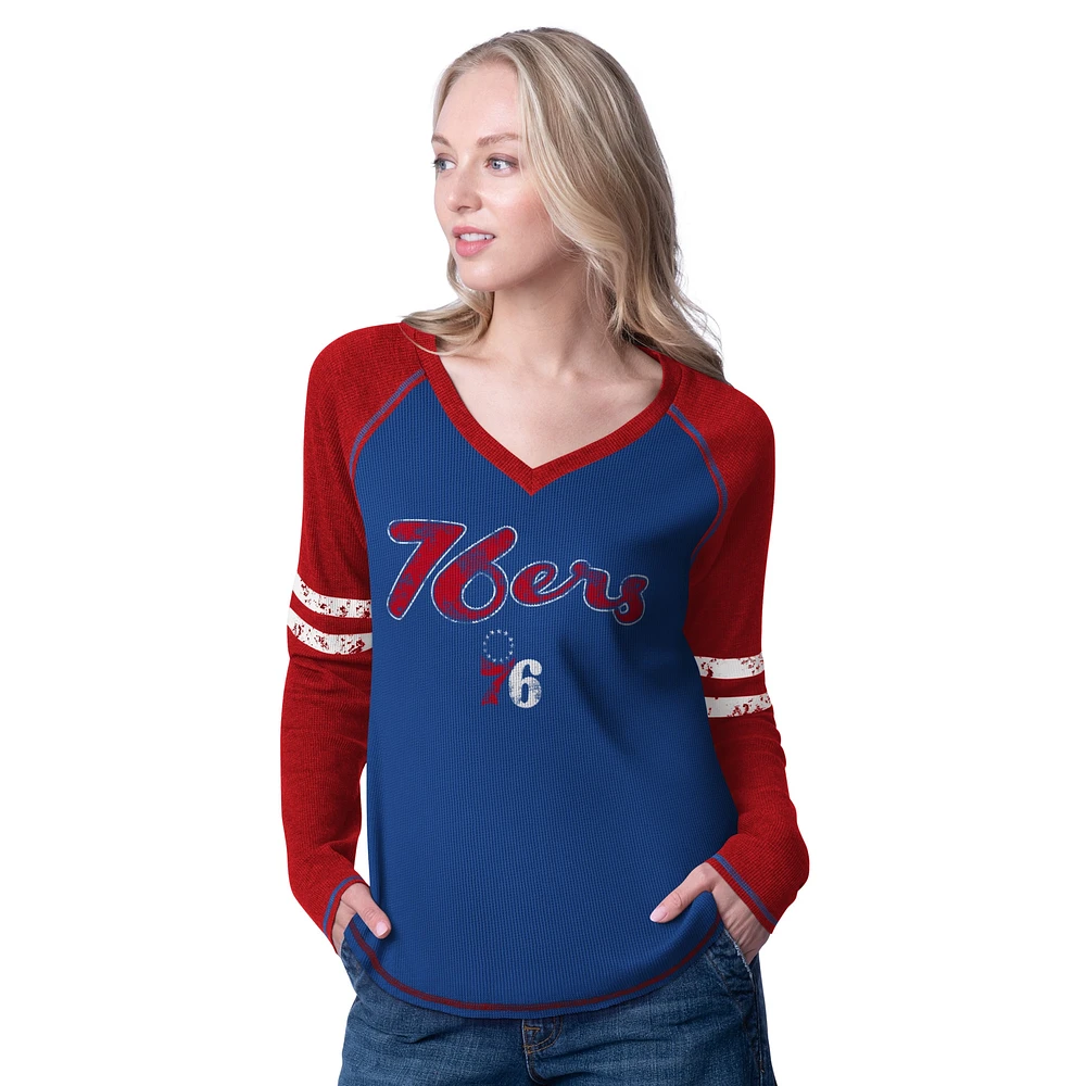 T-shirt thermique à manches longues en tricot gaufré G-III 4Her by Carl Banks pour femme, bleu royal/rouge, Philadelphia 76ers Winner