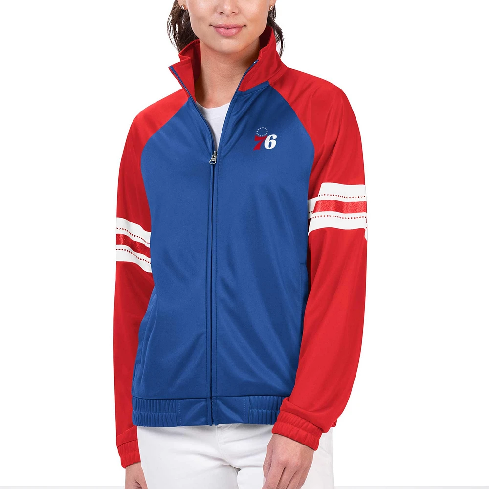 Veste de survêtement entièrement zippée G-III 4Her par Carl Banks pour femmes des Royal Philadelphia 76ers Main Player Raglan strass