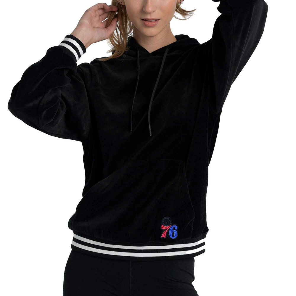 Women's Lusso Black Philadelphia 76ers Nellie Oversized Velour Pullover Hoodie