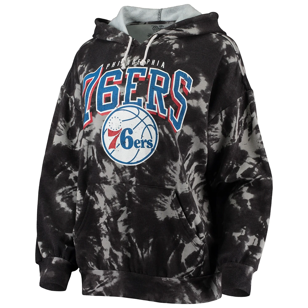 Women's Majestic Threads Black Philadelphia 76ers Burble Tie-Dye Tri-Blend Pullover Hoodie