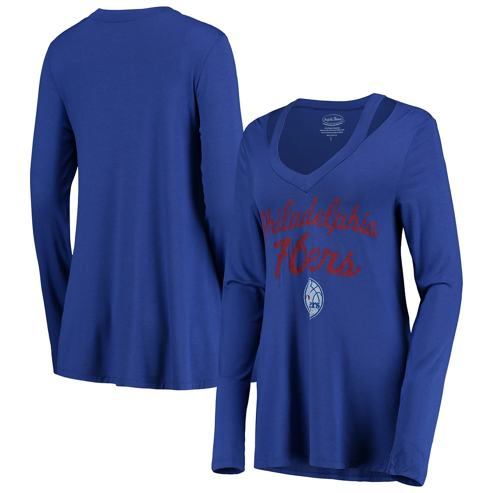 T-shirt à manches longues et col en V Majestic Threads Royal Philadelphia 76ers pour femme