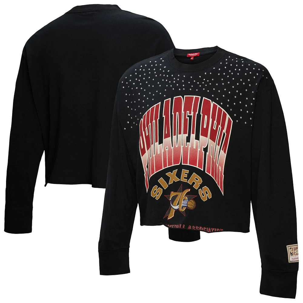 Women's Mitchell & Ness  Black Philadelphia 76ers Hardwood Classics Studded Boxy Cropped Long Sleeve T-Shirt