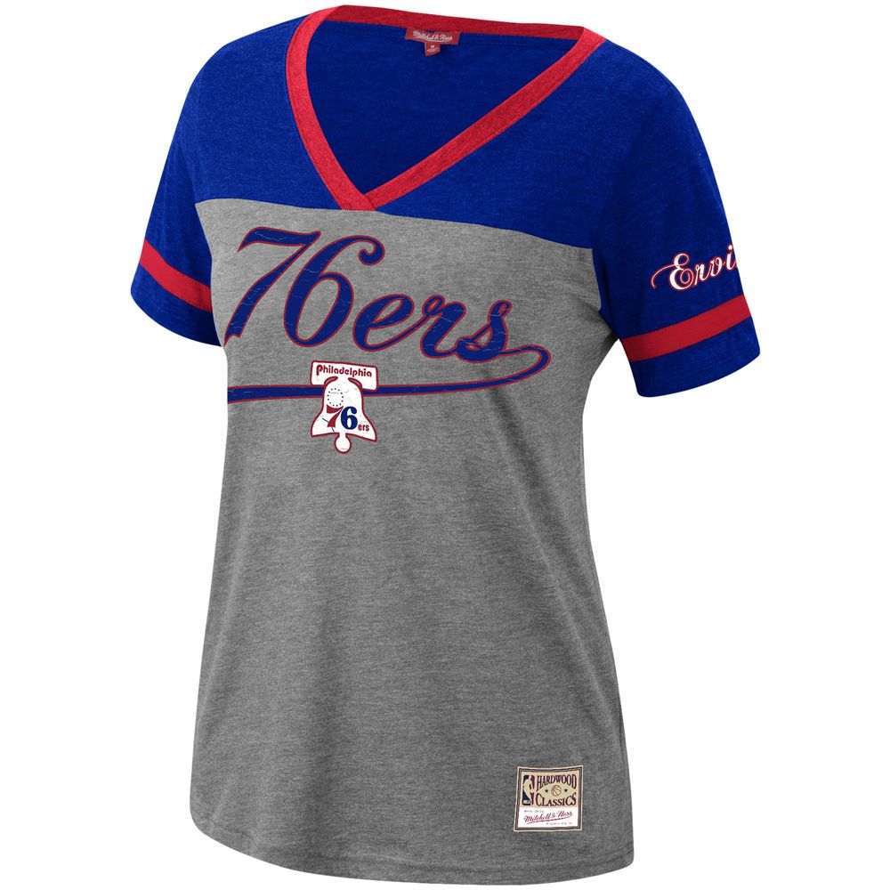 Women's Mitchell & Ness Julius Erving Heathered Charcoal Philadelphia 76ers Team Captain V-Neck T-Shirt