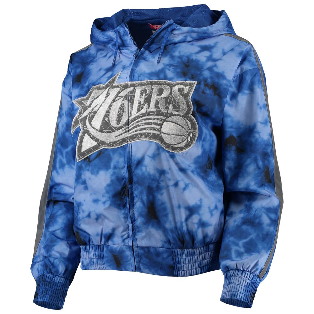 Women's Mitchell & Ness Royal Philadelphia 76ers Galaxy Sublimated Windbreaker Pullover Full-Zip Hoodie