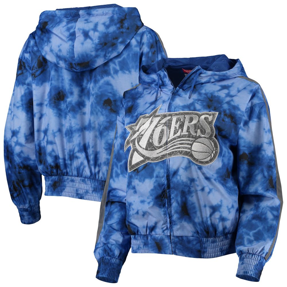 Women's Mitchell & Ness Royal Philadelphia 76ers Galaxy Sublimated Windbreaker Pullover Full-Zip Hoodie