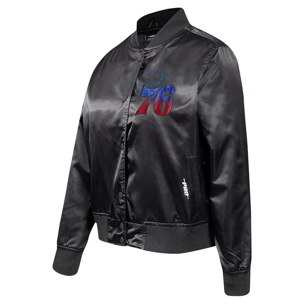 Veste Pro Standard noire à boutons-pression en satin strass des Philadelphia 76ers pour femme