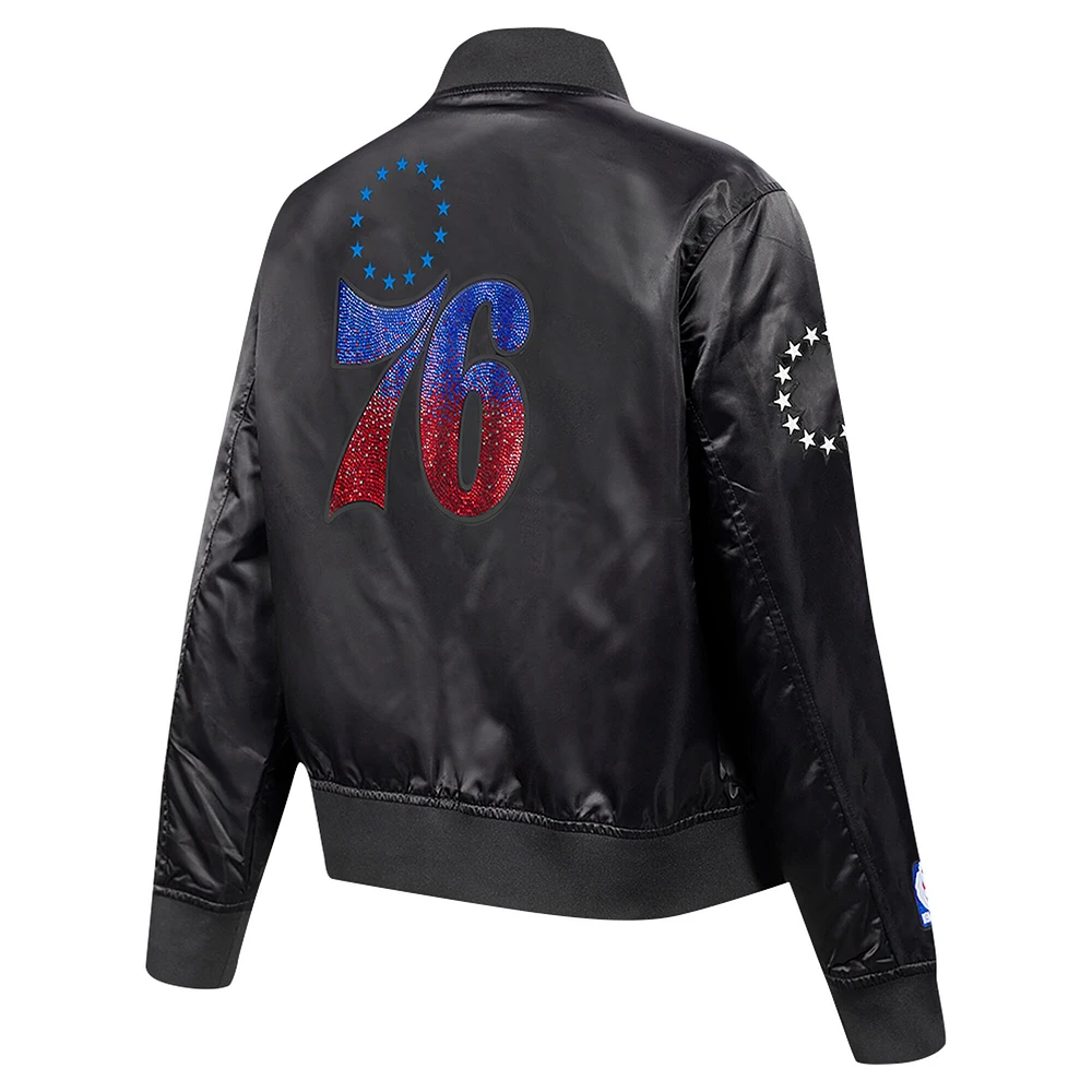 Veste Pro Standard noire à boutons-pression en satin strass des Philadelphia 76ers pour femme