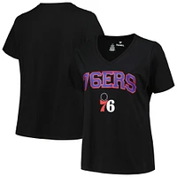 T-shirt noir à col en V pour femmes des 76ers de Philadelphie, grande taille, avec logo forme d'arc