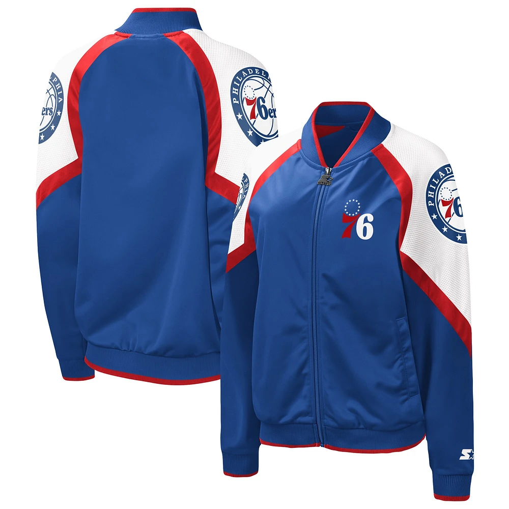 Veste Starter Royal/Rouge Philadelphia 76ers Fan Girl Satin Raglan Full-Zip Jacket