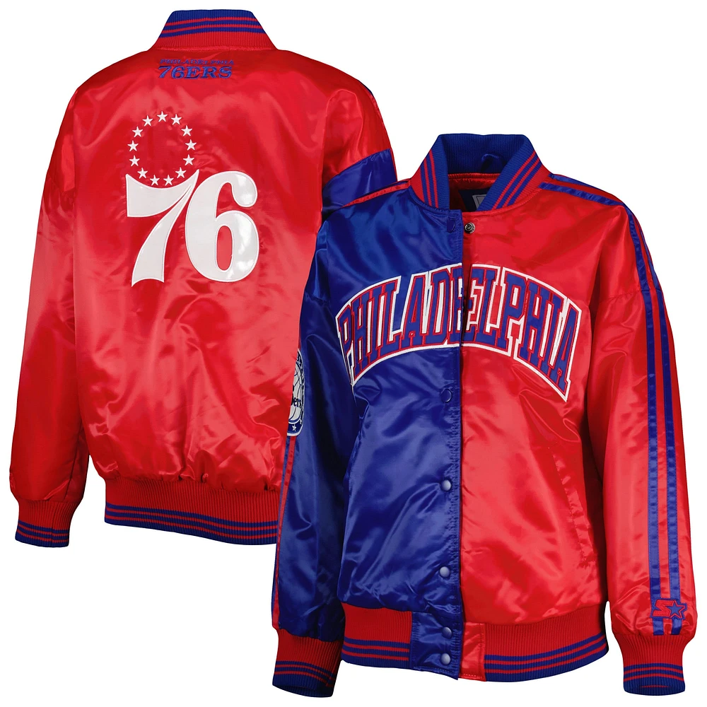 Women's Starter Royal/Red Philadelphia 76ers Split Colorblock Satin Full-Snap Varsity Jacket