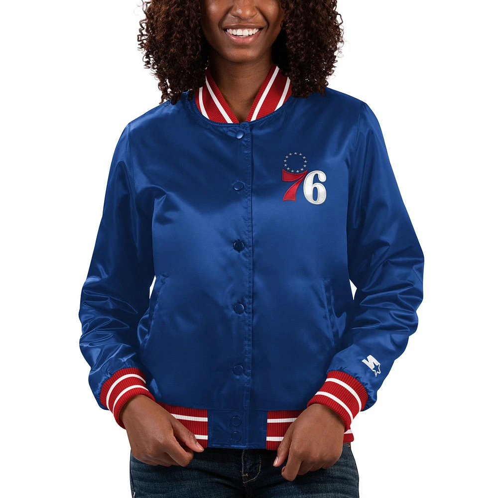 Veste universitaire en satin à bouton-pression complet Starter Royal Philadelphia 76ers pour femme