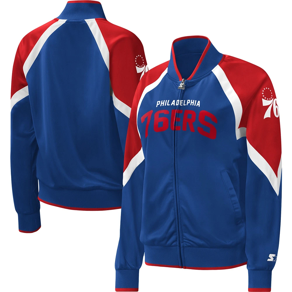 Veste de survêtement à glissière intégrale Starter Royal Philadelphia 76ers Slam Dunk Raglan pour femme