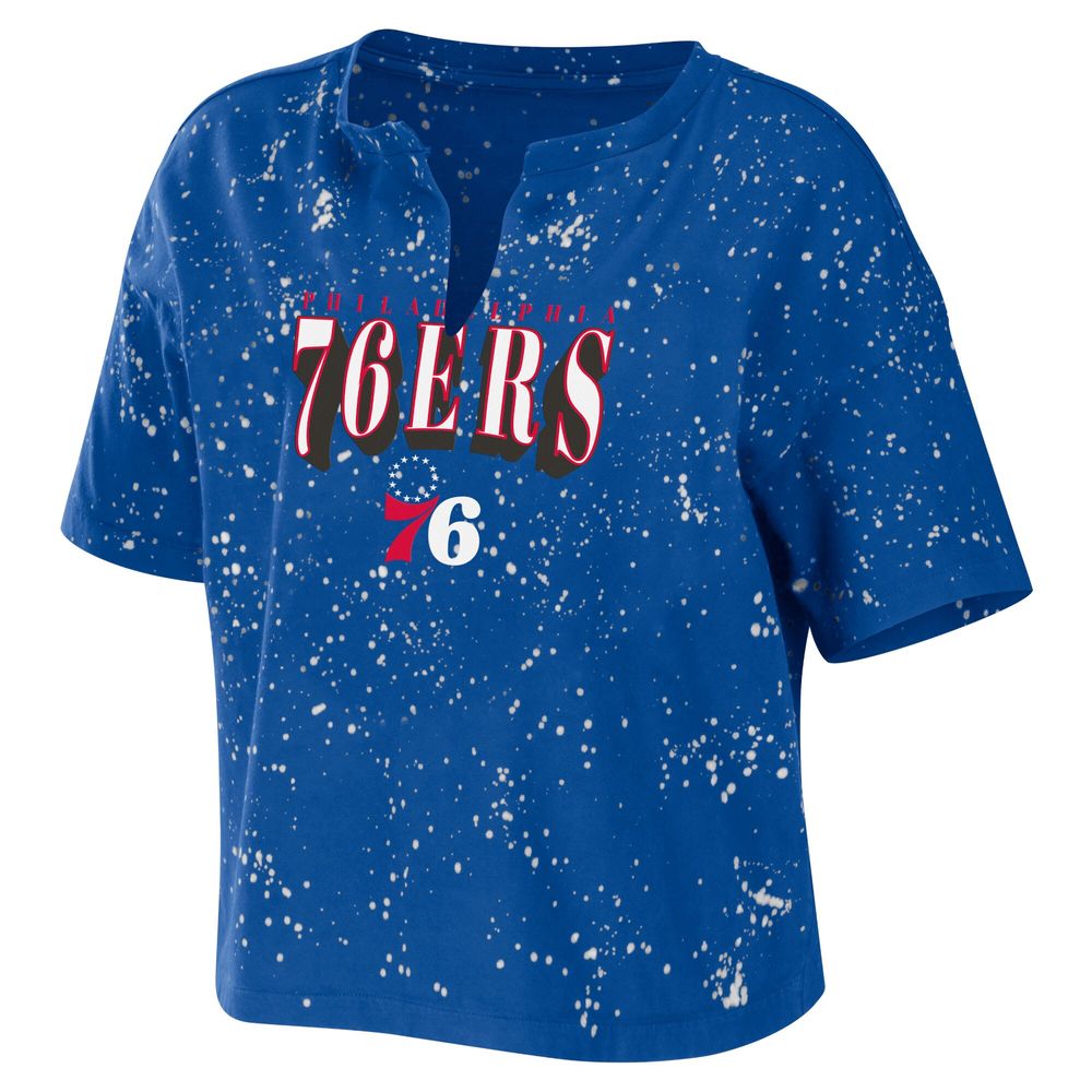 Women's WEAR by Erin Andrews Royal Philadelphia 76ers Bleach Splatter Notch Neck T-Shirt