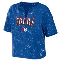 Women's WEAR by Erin Andrews Royal Philadelphia 76ers Bleach Splatter Notch Neck T-Shirt