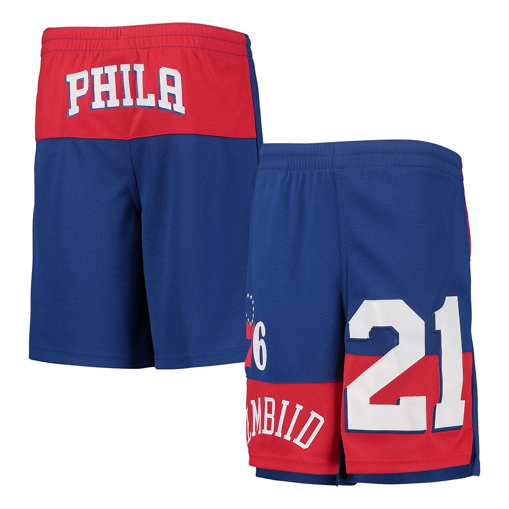 Joel Embiid Royal Philadelphia 76ers Pandemonium Short avec nom et numéro pour jeune