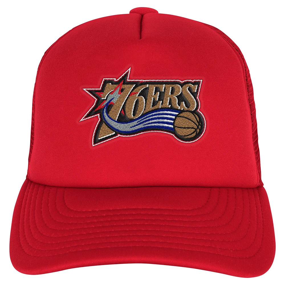 Youth Mitchell & Ness Red Philadelphia 76ers Core Evergreen Trucker Adjustable Hat