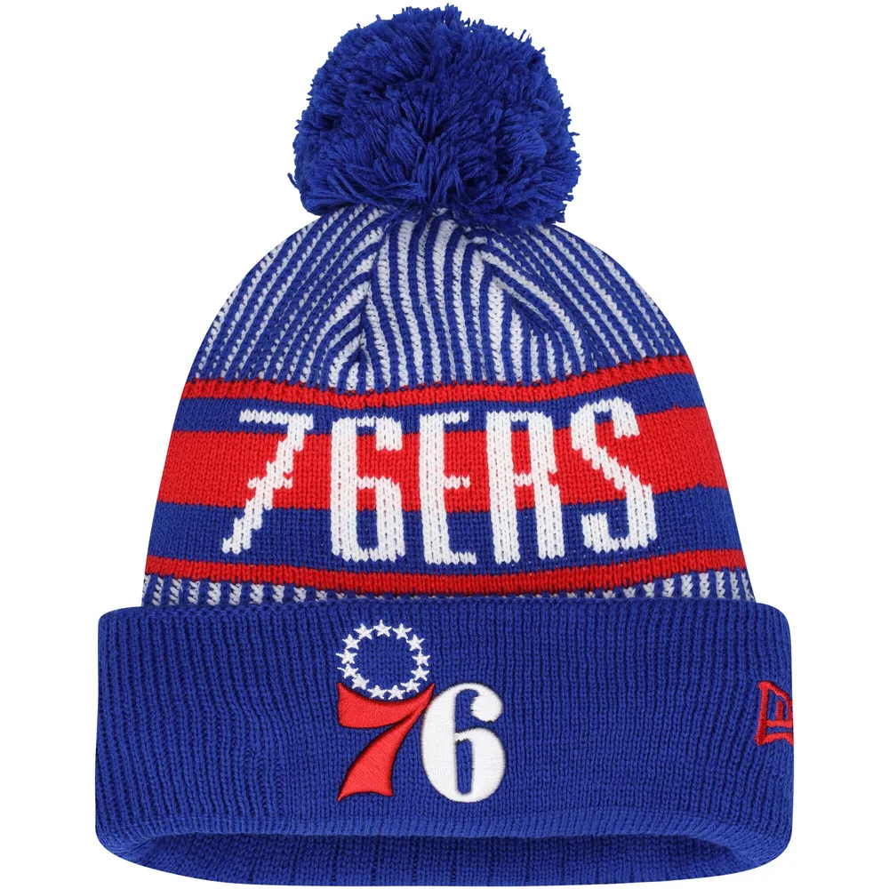 Youth New Era Blue York Knicks Stripe Cuffed Knit Hat with Pom