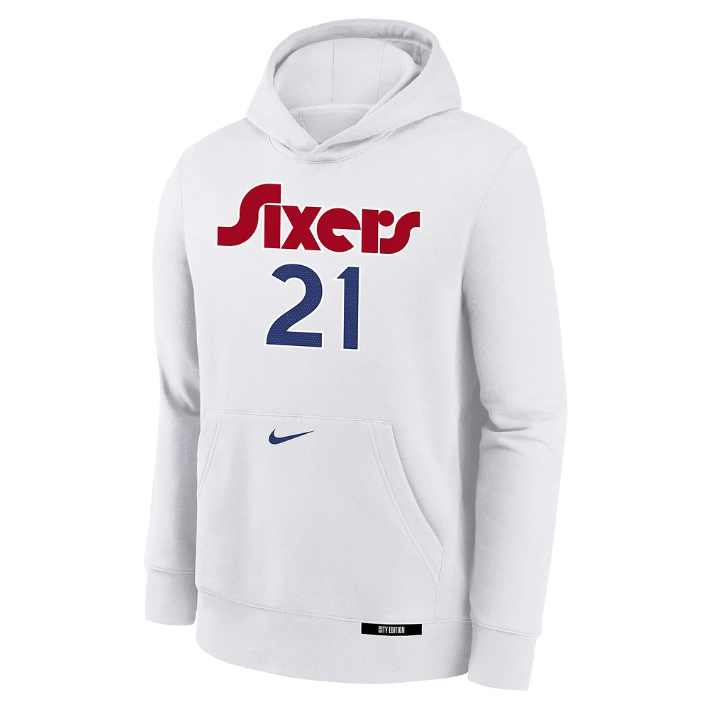 Sweat à capuche Nike Joel Embiid blanc Philadelphia 76ers 2024/25 City Edition avec nom et numéro pour jeune