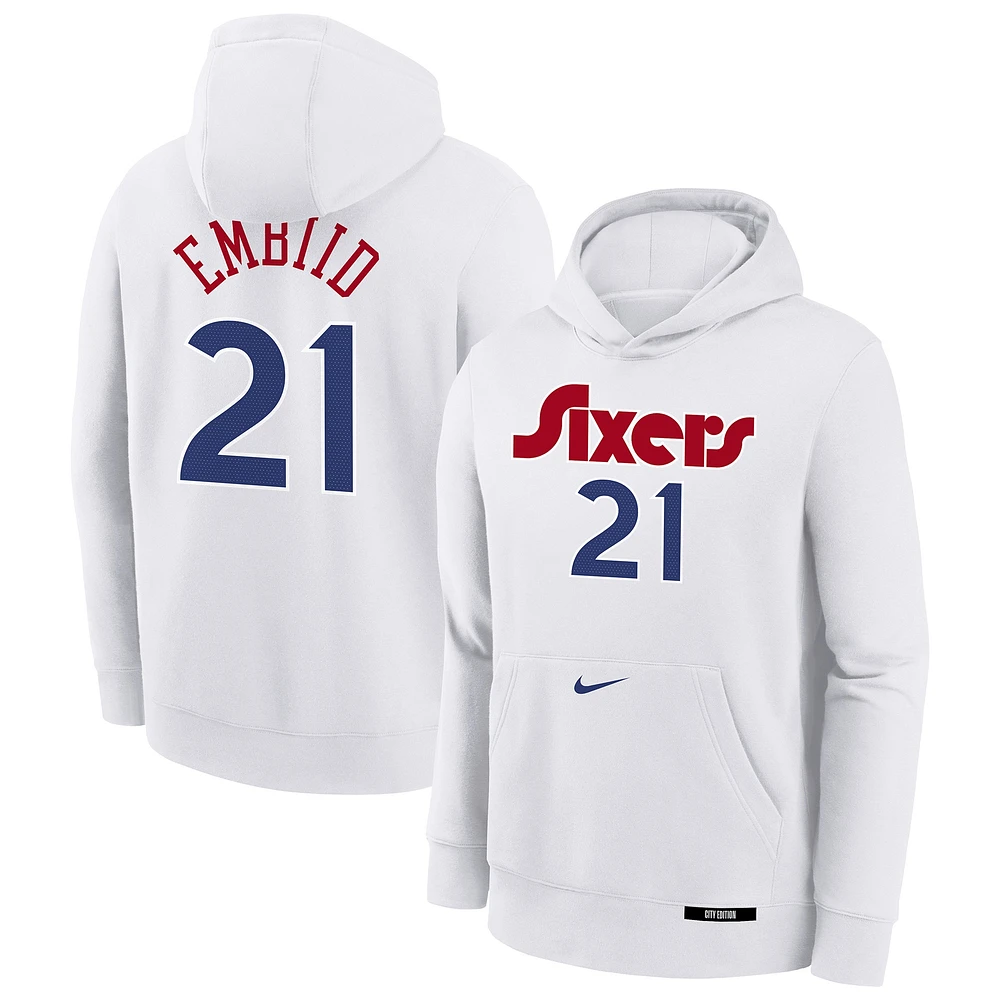 Sweat à capuche Nike Joel Embiid blanc Philadelphia 76ers 2024/25 City Edition avec nom et numéro pour jeune