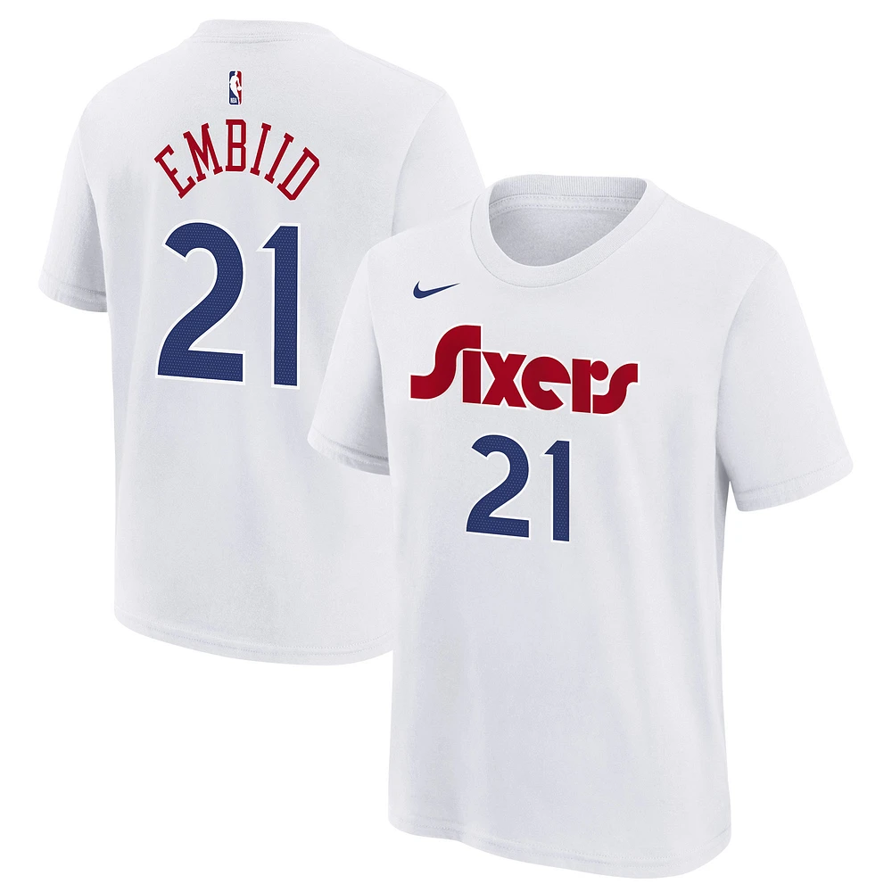 T-shirt Nike pour jeune Joel Embiid blanc Philadelphia 76ers 2024/25 City Edition avec nom et numéro