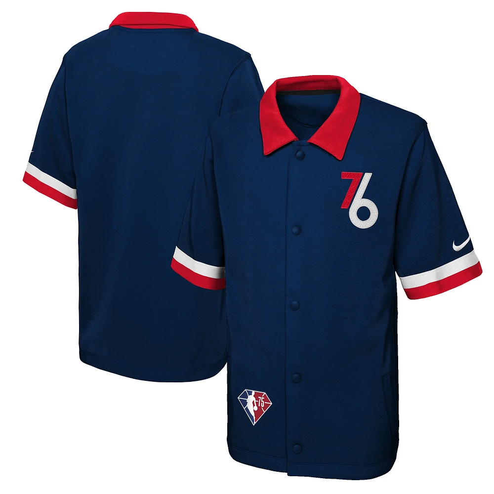 Youth Nike Navy Philadelphia 76ers 2021/22 City Edition Therma Flex Short Sleeve Collar Jacket