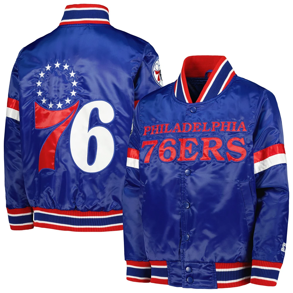 Youth Starter Royal Philadelphia 76ers Home Game Varsity Satin Full-Snap Jacket