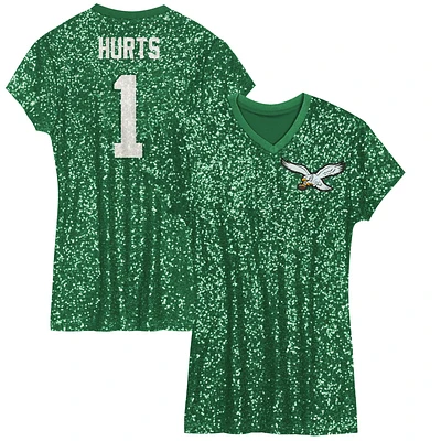 Robe à col en V sequins avec nom et numéro de joueur des Philadelphia Eagles Jalen Hurts Kelly Green pour filles