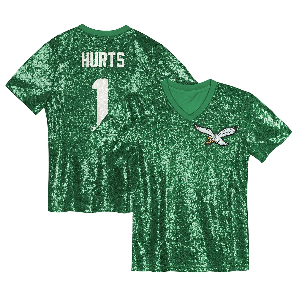 Maillot à paillettes col en V pour jeunes filles Jalen Hurts Kelly Green Philadelphia Eagles