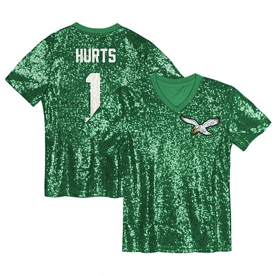 Maillot à paillettes col en V pour jeunes filles Jalen Hurts Kelly Green Philadelphia Eagles