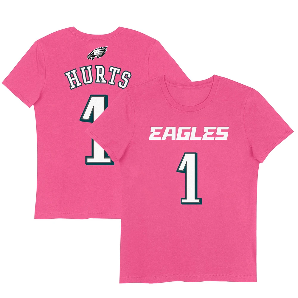 T-shirt rose avec nom et numéro de joueur des Philadelphia Eagles pour jeunes filles Jalen Hurts