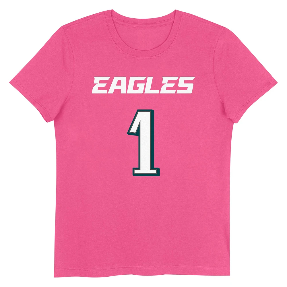 T-shirt rose avec nom et numéro de joueur des Philadelphia Eagles pour jeunes filles Jalen Hurts