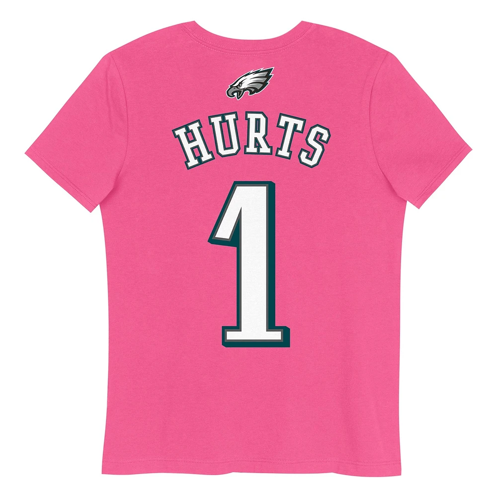 T-shirt rose avec nom et numéro de joueur des Philadelphia Eagles pour jeunes filles Jalen Hurts