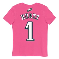 T-shirt rose avec nom et numéro de joueur des Philadelphia Eagles pour jeunes filles Jalen Hurts