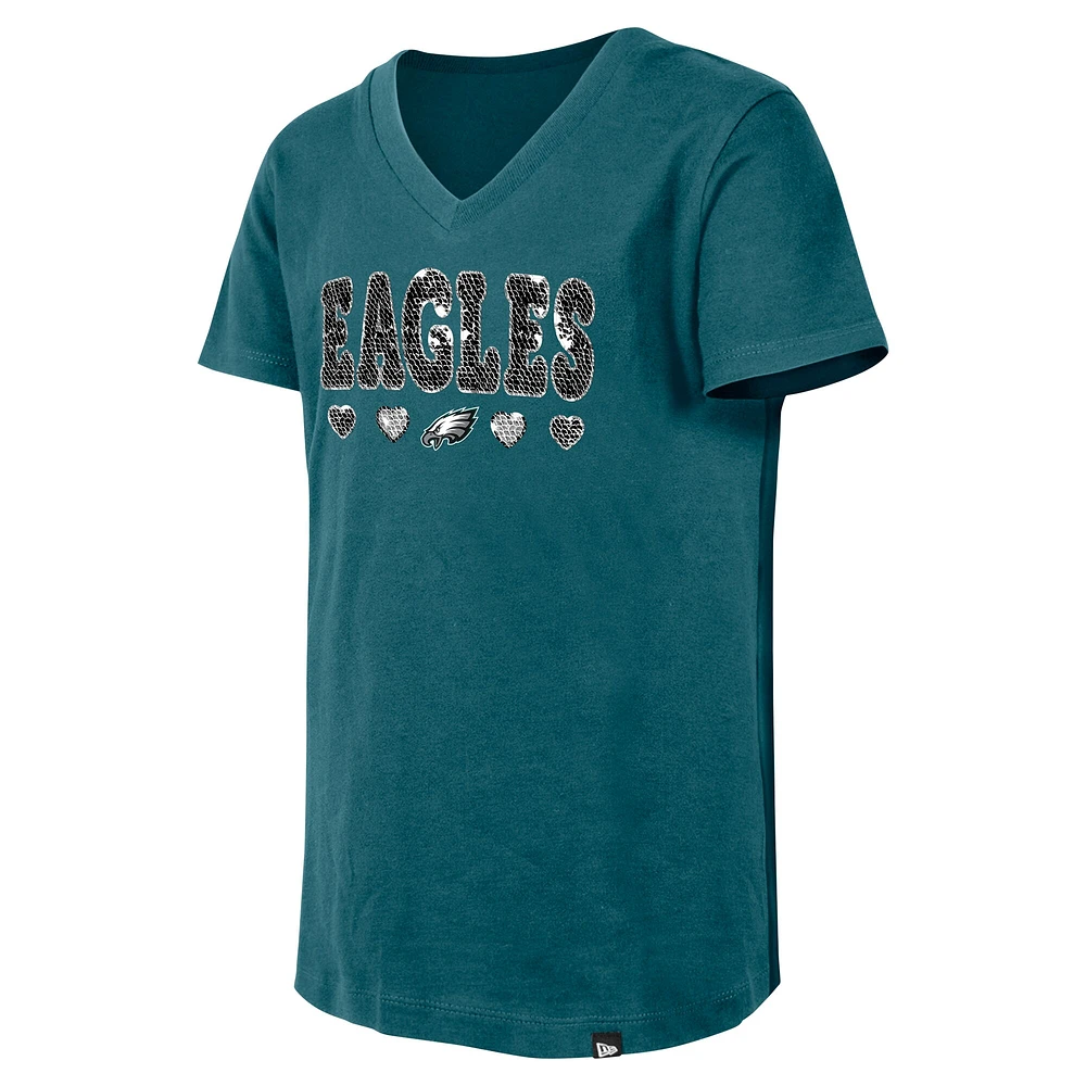 Girls Youth New Era Midnight Green Philadelphia Eagles Flip Sequin V-Neck T-Shirt