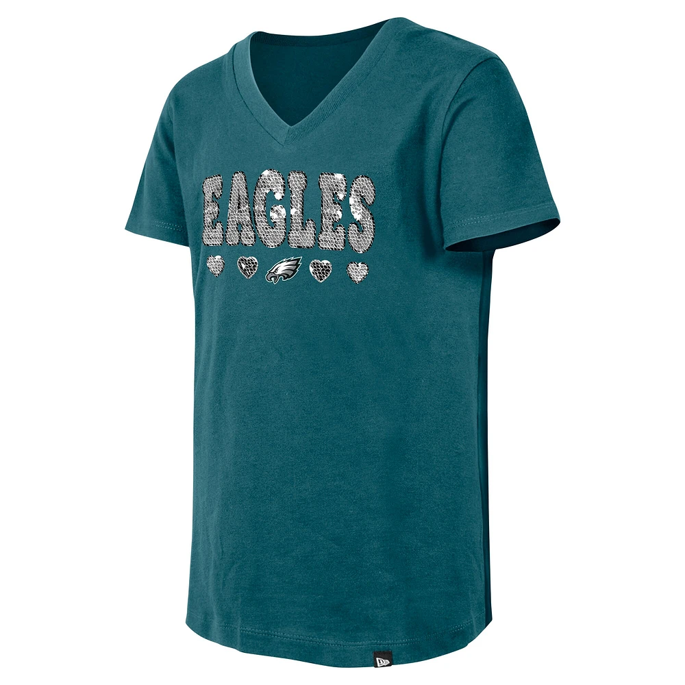 Girls Youth New Era Midnight Green Philadelphia Eagles Flip Sequin V-Neck T-Shirt