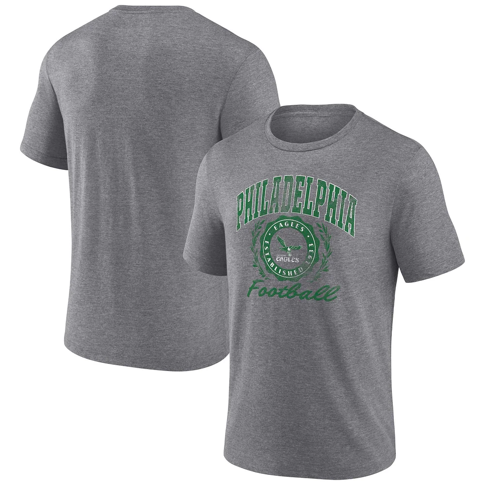 Men's Fanatics Heather Gray Philadelphia Eagles Distressed Football Seal Tri-Blend T-Shirt