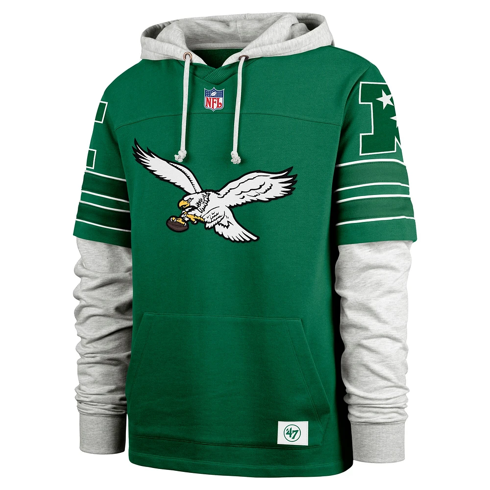 Sweat à capuche pour homme '47 Kelly Green Philadelphia Eagles Throwback Double Header Blitz Cornerback