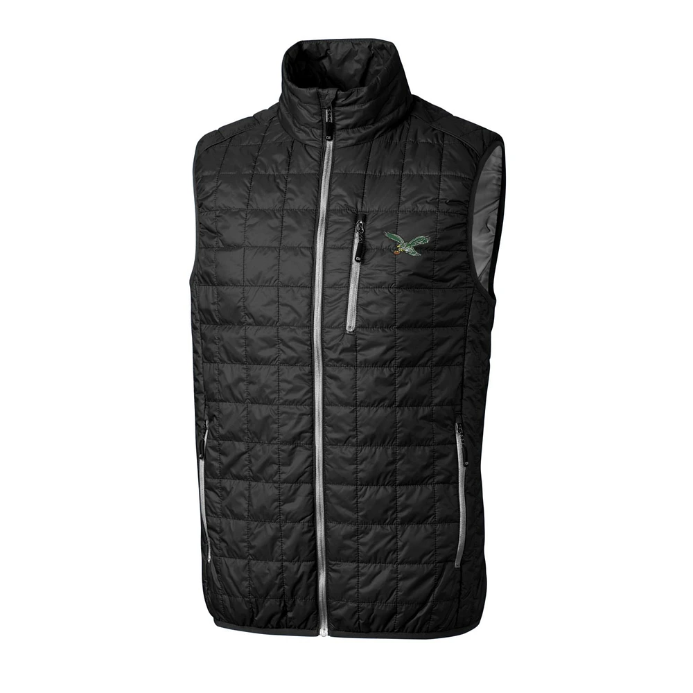 Gilet matelassé isolant entièrement zippé Rainier PrimaLoft Eco pour homme, noir, avec logo rétro des Philadelphia Eagles, Cutter & Buck