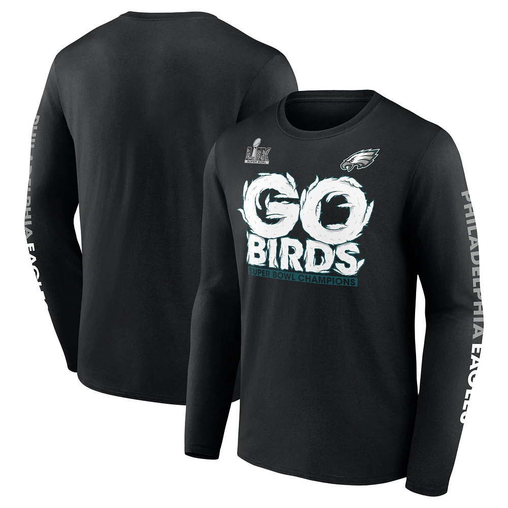 T-shirt à manches longues Fanatics pour hommes Philadelphia Eagles Super Bowl LIX Champions On Top Go Birds noir
