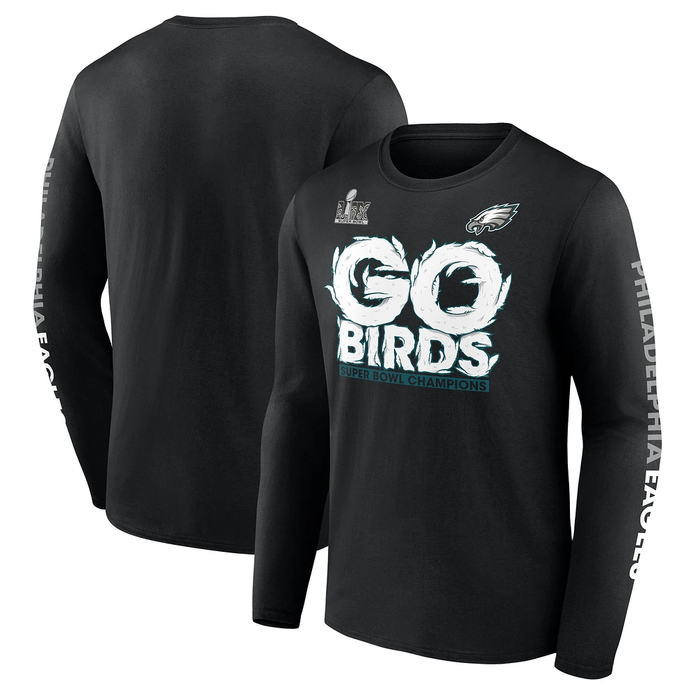 T-shirt à manches longues Fanatics pour hommes Philadelphia Eagles Super Bowl LIX Champions On Top Go Birds noir