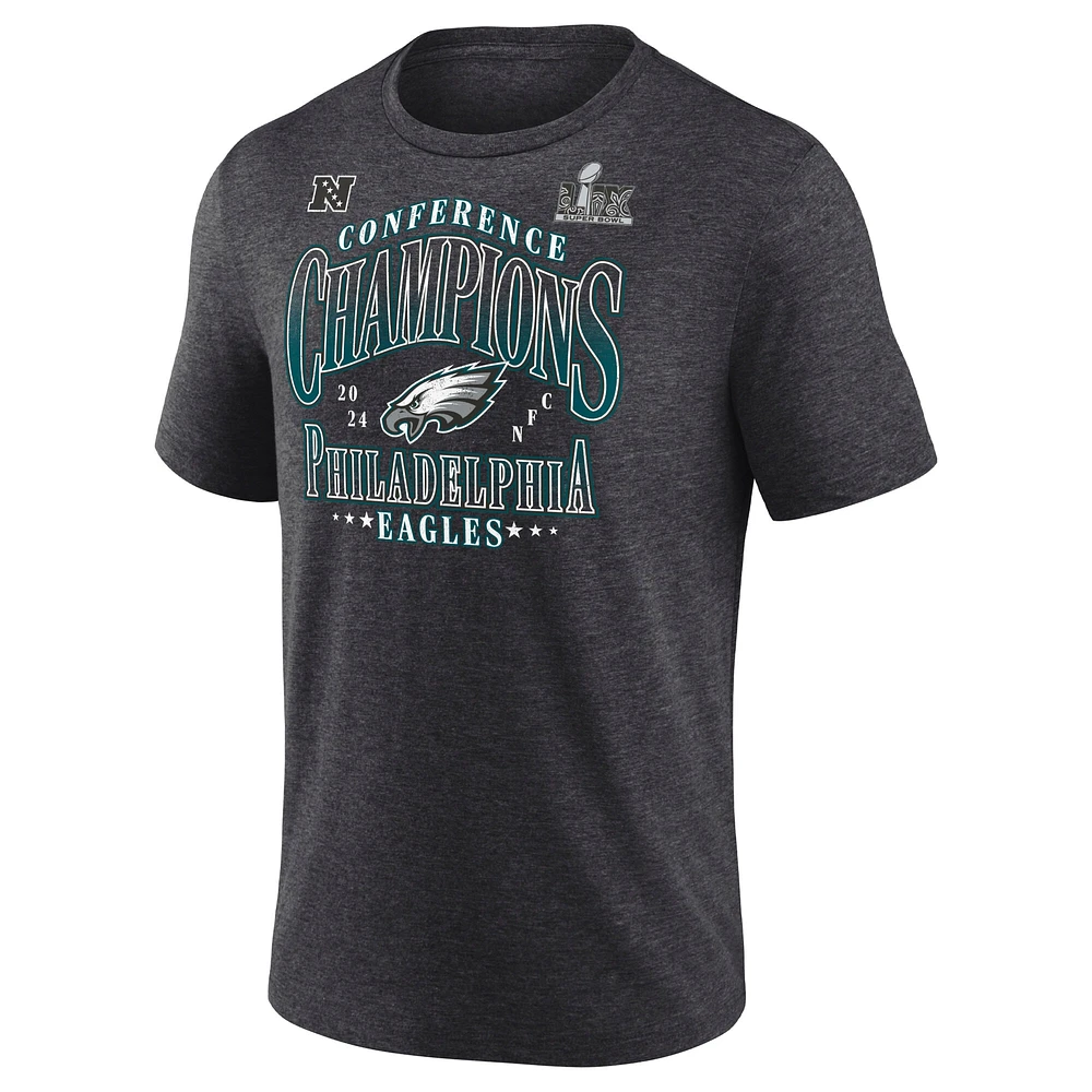 Men's Fanatics  Heather Charcoal Philadelphia Eagles 2024 NFC Champions Right Side Draw Tri-Blend T-Shirt