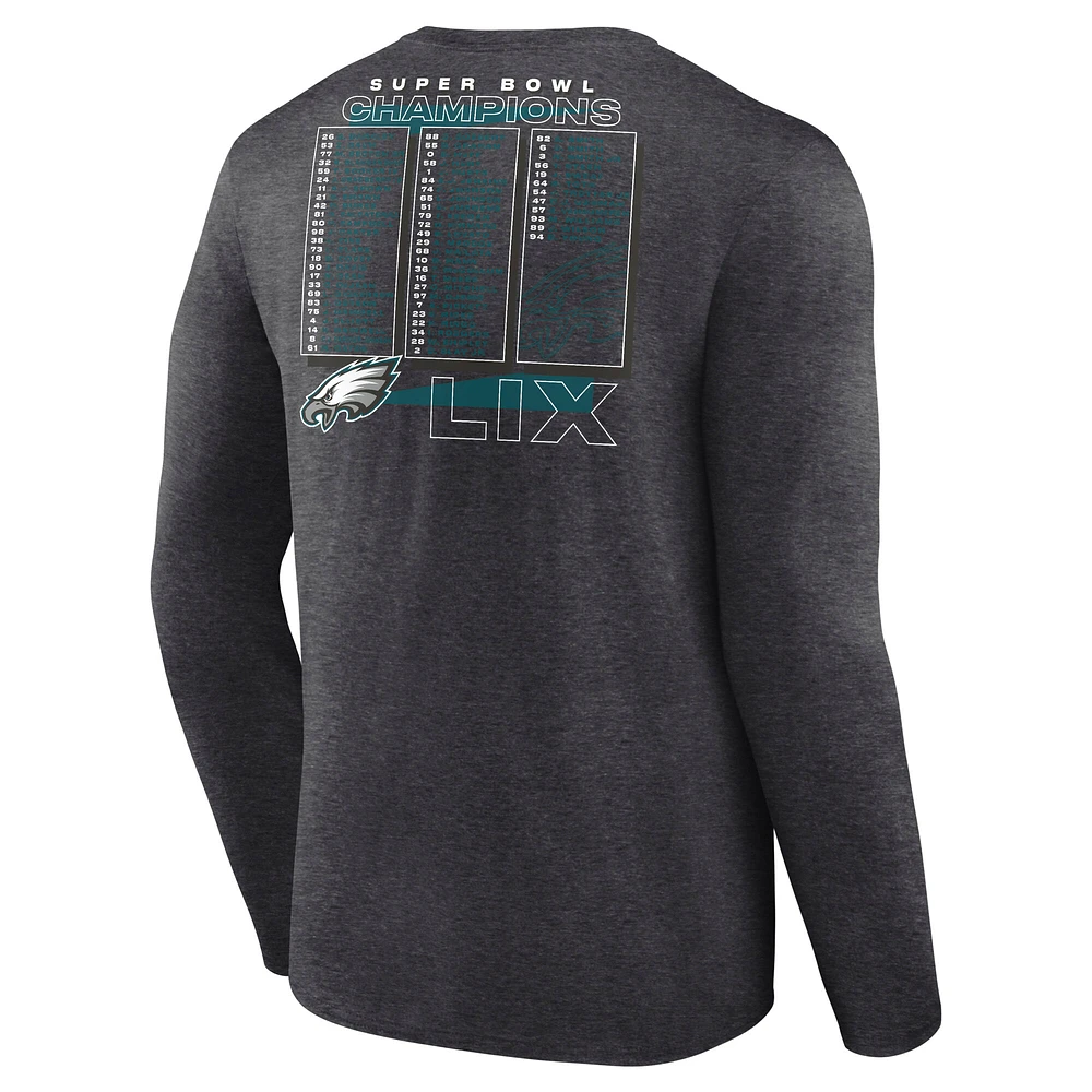 Men's Fanatics Heather Charcoal Philadelphia Eagles Super Bowl LIX Champions Roster Long Sleeve T-Shirt