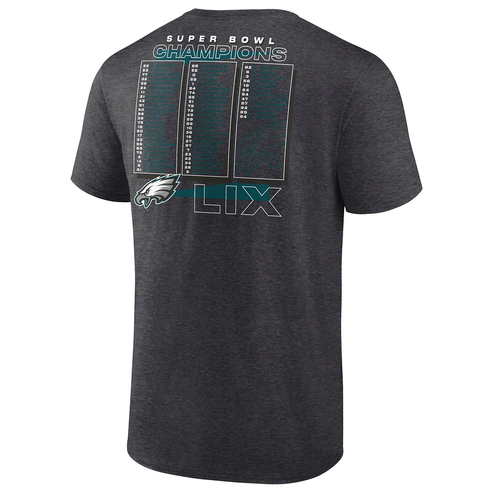 T-shirt Fanatics Heather Charcoal pour homme Philadelphia Eagles Super Bowl LIX Champions Roster